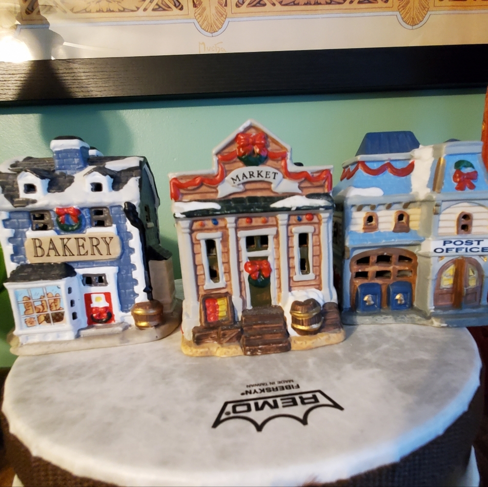 Holiday Miniature Ceramic Village Buildings - Bakery, Market, Post Office